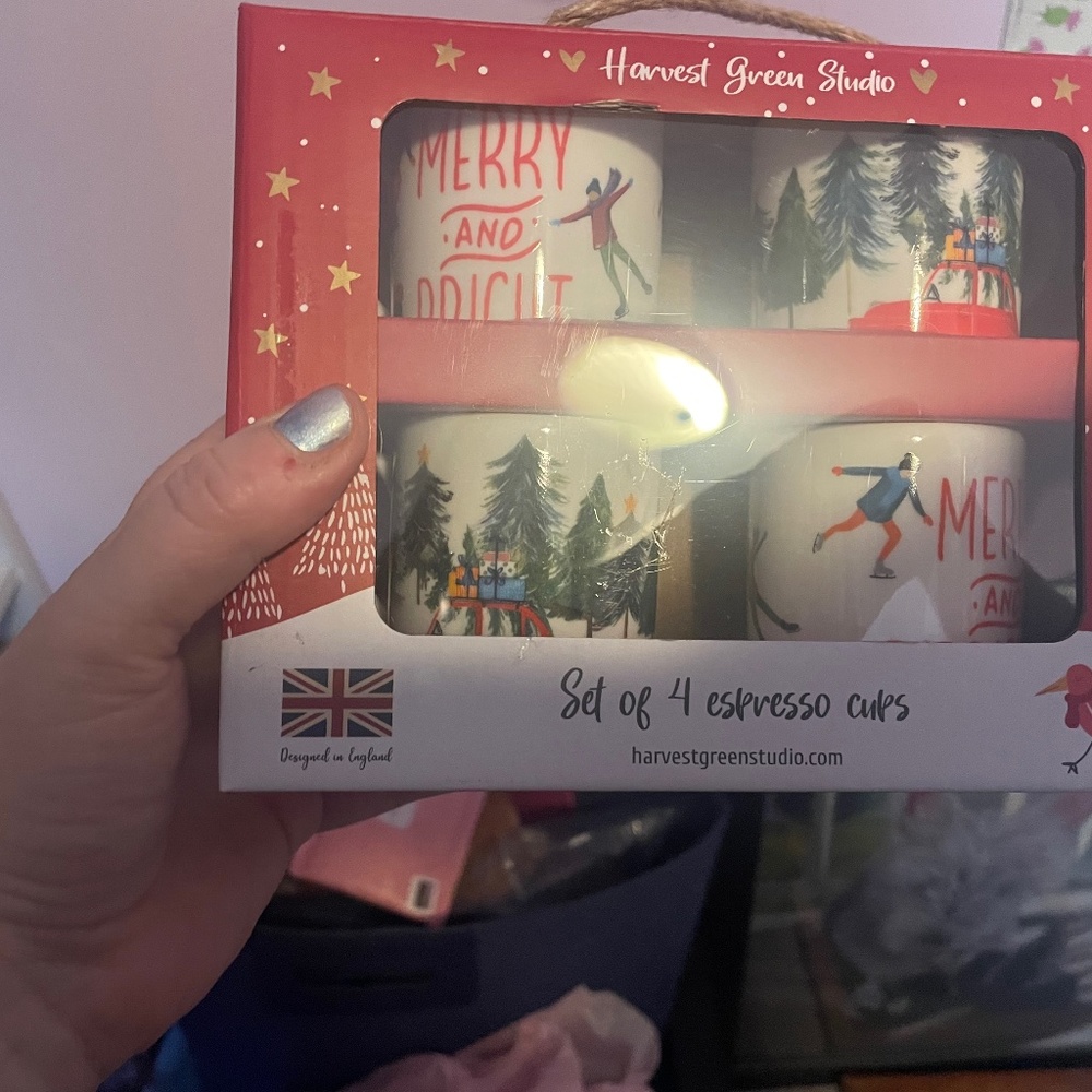 set of 4 espresso mugs/cups (like Rae Dunn)  holiday winter Christmas